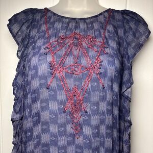 Free People New Romantics Blue Embroidered Sheer Ruffle Tunic Top Boho Lagenlook